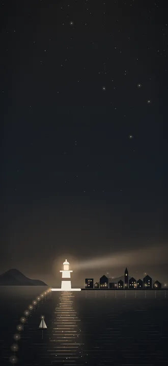 Nachthimmel über ruhigem Wasser, unten ein kleiner Leuchtturm mit warmem Licht an der Hafeneinfahrt, dahinter ein Ort mit erleuchteten Fenstern, vierzehn Lichter und ein Segelboot auf dem Wasser