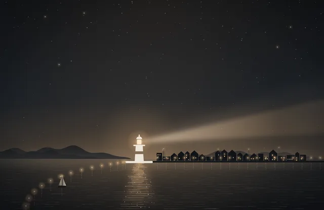 Dasselbe Motiv im Querformat: der Leuchtturm vor Bergen im Dunst, rechts der Hafen mit seinen Lichtern, das Licht spiegelt sich im Wasser