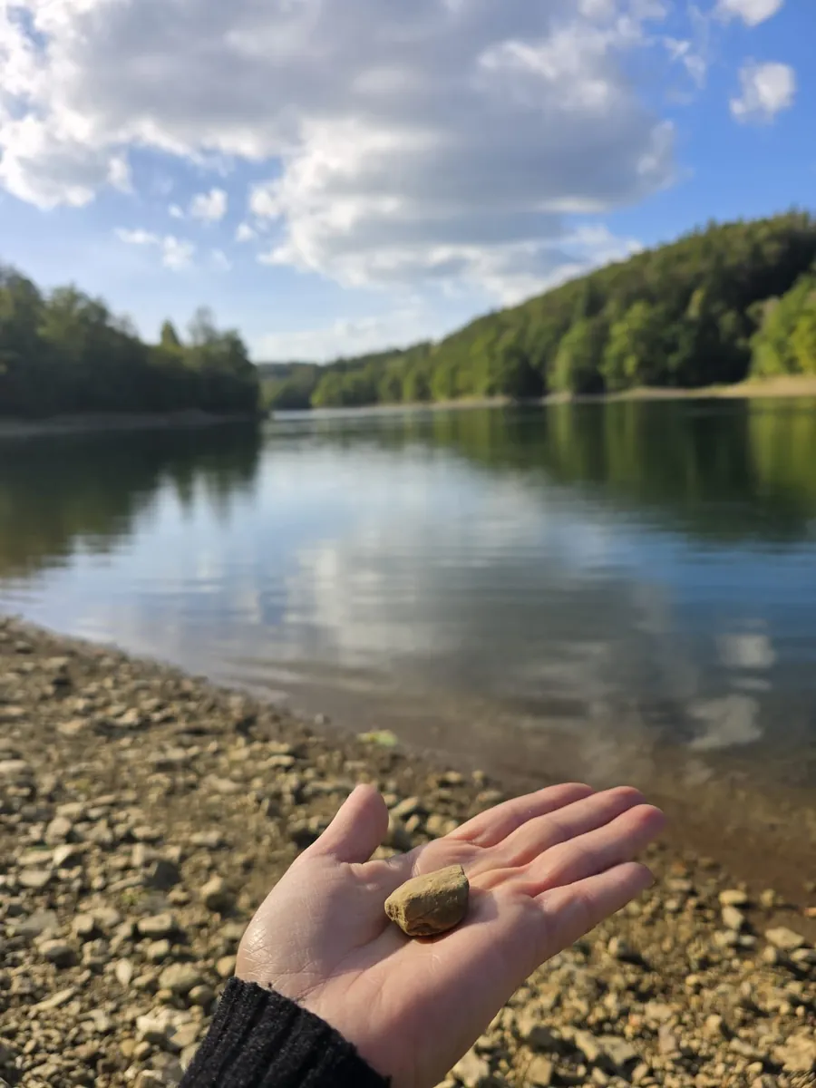 Ein heller, kantiger Stein auf einer offenen Hand, dahinter ein See zwischen bewaldeten Hängen